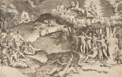 Kärlekens triumf, cupid som åker på en vagn dragen av enhörning är uppe till höger, naken ..., 1545. av Giulio Bonasone