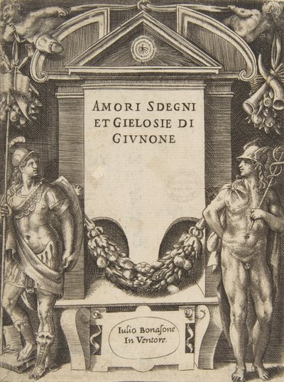 Titelskylt till serien "Loves, Rages and Jealousies of Juno", 1531-76. av Giulio Bonasone