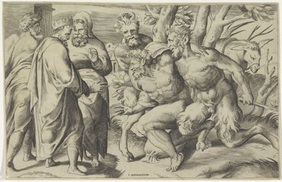 Två satyrer för Silenus till kung Midas av Giulio Bonasone