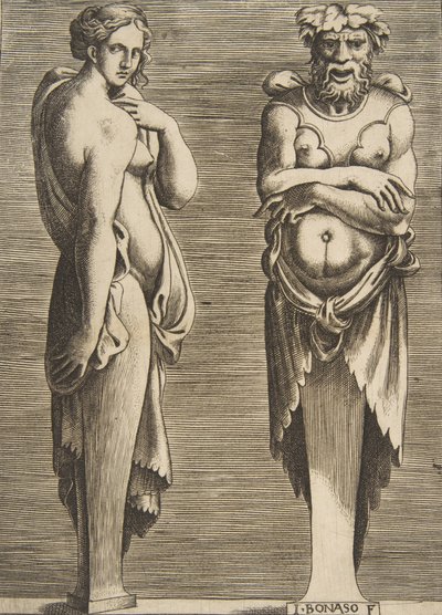 Två termer, en nymf till vänster Silvanus till höger, ca. 1530-50. av Giulio Bonasone