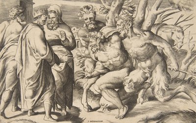 Två satyrer med Silenus kung Midas stående till vänster, 1531-76. av Giulio Bonasone