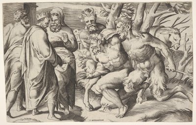 Två satyrer som leder Silenus till kung Midas, som står till vänster med två manliga skötare..., ca. 1550-80. av Giulio Bonasone