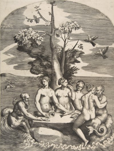 Två havsgudar åtföljda av fyra nymfer, 1531-76. av Giulio Bonasone