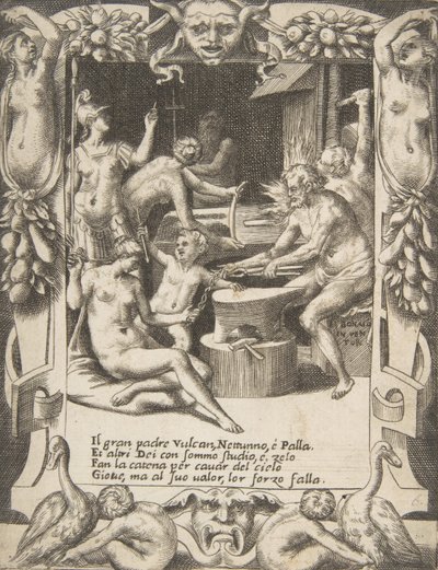 Vulcan, Neptunus, Athena och andra gudar som skapade bojor för att dra Jupiter från himlen..., 1531-76. av Giulio Bonasone