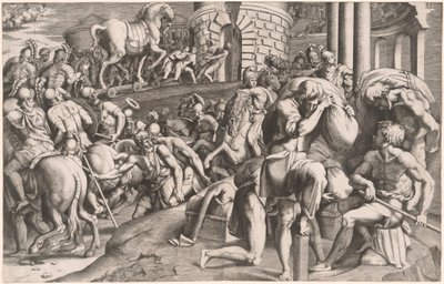 Trojanerna drar trähästen till Troja av Giulio Bonasone, after Francesco Primaticcio