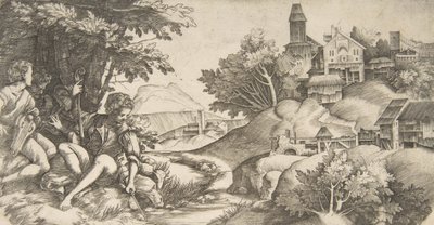 Till vänster fyra herdar med musikinstrument under en grupp träd..., ca. 1517 av Giulio Campagnola