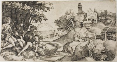 Herdar i ett landskap av Giulio Campagnola