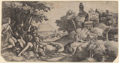 Herdar i ett landskap av Giulio Campagnola and Domenico Campagnola