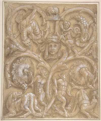 Design för en prydnadspanel med Rinceaux, Satyrs, Putti, Monsters and a Human Head, 1535-45. av Giulio Campi.