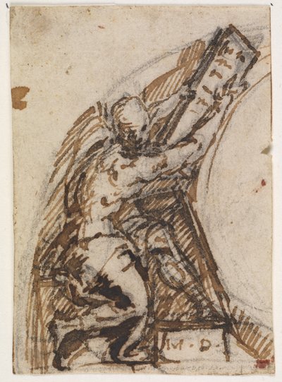 Sittande man med skrivplatta(?). Arkitektur detalj av Giulio Campi