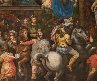 Vägg mittemot motfasaden av södra tvärskeppet, Giuseppe Campi, Triumph of Mordecai 1567, Detalj nedre delen av Giulio Campi
