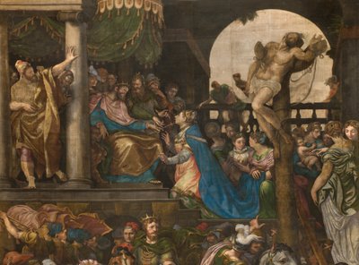 Vägg mittemot motfasaden på södra tvärskeppet, Giuseppe Campi, Triumph of Mordecai 1567, Detalj hög del av Giulio Campi
