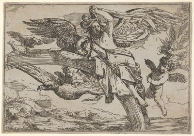Air, representerad av Iris lutad på sin regnbåge, åtföljd av en bevingad putto-björn..., 1640-60. av Giulio Carpioni