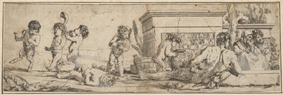 Bacchanal med spädbarnssatyrer och putti till vänster, en naken mansfigur lutar sig framför o..., 1633-78. av Giulio Carpioni