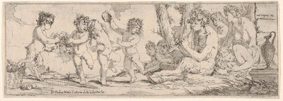 Bacchanal med satyr som spelar en lut och omgiven av fyra gestalter, som ser mot en s..., 1640-60. av Giulio Carpioni