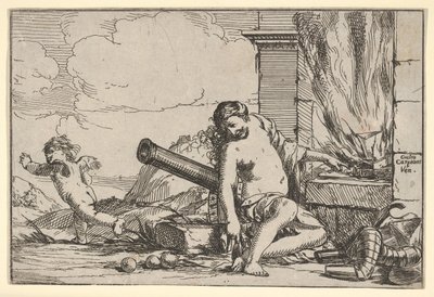 Eld, representerad av Venus sittande framför Vulcans smide, med rustning, en kanon och kanon..., 1640-60. av Giulio Carpioni