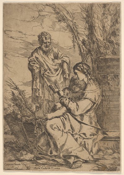 Heliga familjen med Jungfrun läser, Jungfrun sitter i profil med en bok till vänster..., 1640-60. av Giulio Carpioni