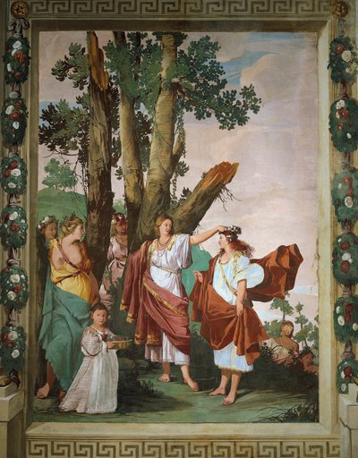 Nymf Amaryllis krönt till vinnare av kysstävling, fresk av Giulio Carpioni, inspirerad av pastoralspelet Den trogna herden, av Giovanni Battista Guarini (1538-1612), Villa Caldogno (UNESCO:s världsarvslista av Giulio Carpioni