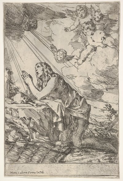 Ångerfulla Magdalen på knä på en stenig mark framför en skalle och ben, en salva ..., ca. 1640-55. av Giulio Carpioni