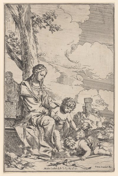 Den heliga familjen med spädbarnet Saint John kysser Kristi fötter, 1640-60. av Giulio Carpioni