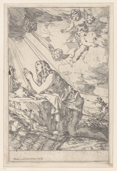 Den ångerfulla Sankta Maria Magdalena, knästående inför en skalle och ben, 1640-60. av Giulio Carpioni