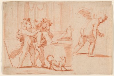 Två Putti som bär en tredje Putto; Ännu en Putto bakifrån av Giulio Carpioni