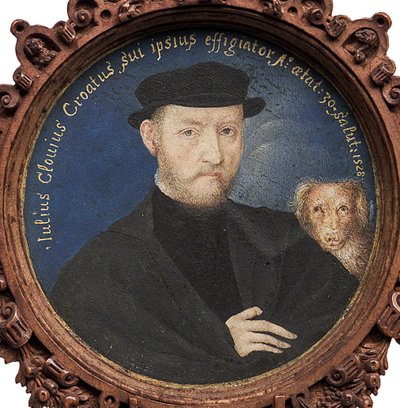 Självporträtt med hund, 1528 av Giulio Clovio