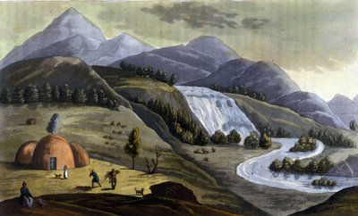 Landskap i Lappland (territorier som tillhör Norge, Sverige, Finland och Ryssland), bostäder för ursprungsbefolkningen (samer) i "" Den gamla och moderna kostymen"" av Ferrario, red. Milano av Giulio Ferrario
