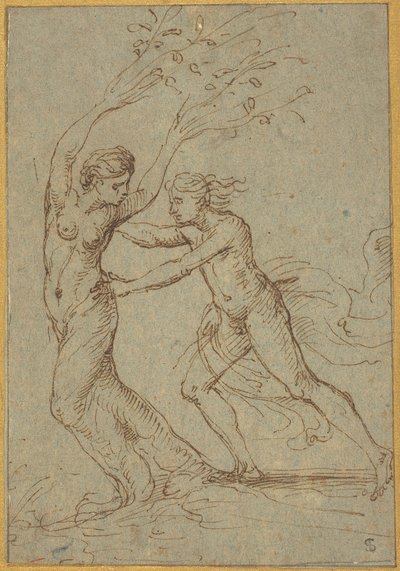 Apollo och Daphne (penna och brunt bläck på grönblått lagerpapper) av Giulio Romano