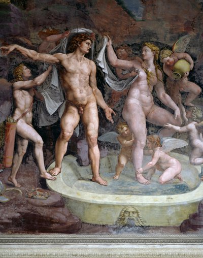 Bath of Mars and Venus, fresk av Giulio Romano (1499-1546), norra väggen i Amors och Psykes kammare, Palazzo Te, Mantua (UNESCOs världsarvslista, 2008), Lombardiet, Italien av Giulio Romano