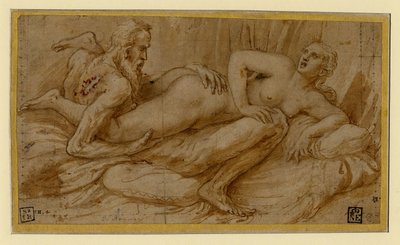Erotisk scen av Romano, Giulio (1499-1546), efter 1524 - Penna, pensel, brunt indiskt bläck, vit färg, svart krita på papper av Giulio Romano