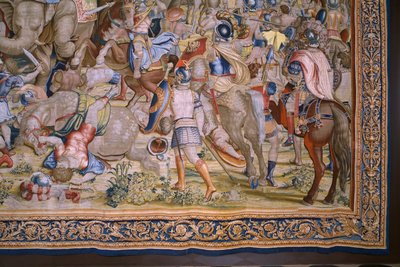 flamländsk gobeläng. Serien The Acts of Scipio: Slaget vid Zama. Serietecknaren Giulio Romano. Atelier av Balthasar van Vlierden (?), Bryssel. 1523-1532. Detalj. av Giulio Romano