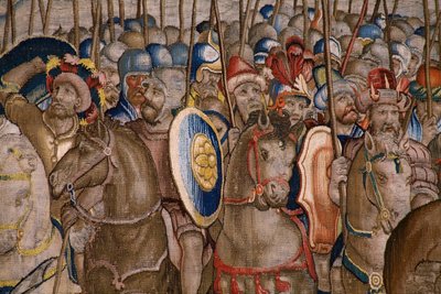 flamländsk gobeläng. Serien The Acts of Scipio: Slaget vid Zama. Serietecknaren Giulio Romano. Atelier av Balthasar van Vlierden (?), Bryssel. 1523-1532. Detalj. av Giulio Romano