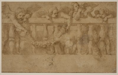 Fyra bevingade putti dekorerar en balustrad med girlanger av Giulio Romano