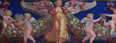 Fris från Camera con Fregio di Amorini Chamber of the Cupid Frisdetalj av en ängel i en gyllene klänning med spridda vingar, fresk från 1520-talet av Giulio Romano