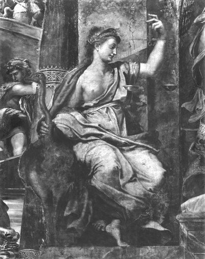 Rättvisa, en av de två dygderna kring Pope St. Urban I (d.230) Raphael Rooms (detalj) (se även 252782, 252783, 252785) av Giulio Romano