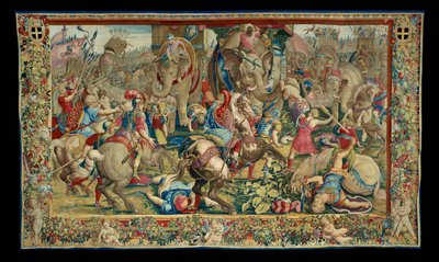 Historien om Scipio: Slaget vid Zama Hanibals nederlag, tionde stycket från gobelängen, ull och silke, gobeläng ... av Giulio Romano