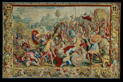 Historien om Scipio: Slaget vid Ticino, första delen av gobelängen, ull och silke, gobeläng ... av Giulio Romano