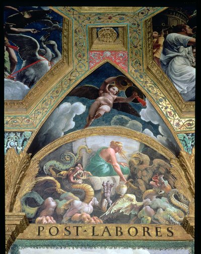 Lunette som skildrar Psyche som gör en prövning som Venus utsätter sig för att hämta från underjorden en burk som innehåller Proserpines skönhet, från Sala di Amore e Psiche, 1528 freskdetalj av 78427 av Giulio Romano