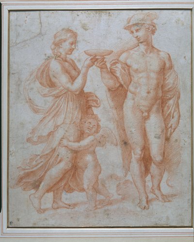 Merkurius erbjuder odödlighetens kopp till Psyche (röd krita på vitt papper) av Giulio Romano