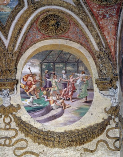 En av fresker från Chamber of Winds eller Zodiac av Giulio Romano