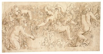 Putti som plockar druvor: Design för en fris av Giulio Romano