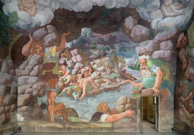 Sala dei Giganti, detalj av förstörelsen av jättarna av Jupiters åskbultar, 1536 freskdetalj av 78482 av Giulio Romano