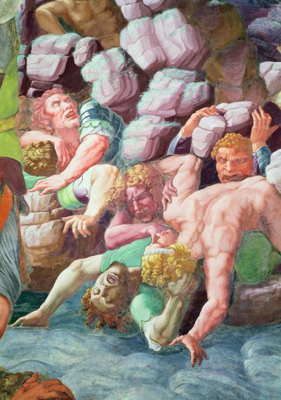 Sala dei Giganti, detalj av förstörelsen av jättarna av Jupiters åskbultar, 1536 freskdetalj av 78482 av Giulio Romano