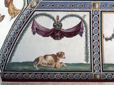 Camera con Fregio di Amorini Chamber of the Cupid Frieze detalj av en hund och en valp, fresk från 1520-talet av Giulio Romano