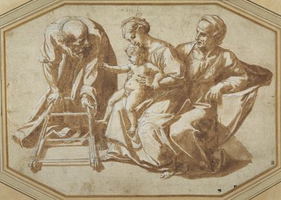 Den heliga familjen och St Anne med Kristusbarnet som ska läras gå av Giulio Romano