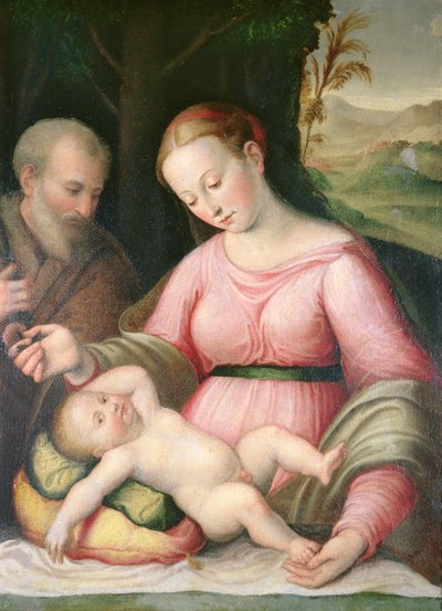 Den heliga familjen i ett bergigt landskap av Giulio Romano