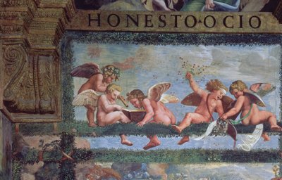 Den rustika banketten, detalj av putti som gör musik, från Sala di Amore e Psiche, 1528 freskdetalj från 78428 av Giulio Romano