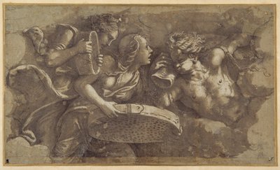 Vestal Tuccia med silen (penna & brunt bläck med brunt tvätt på papper) av Giulio Romano