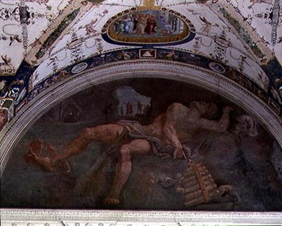 Loggian, detalj av lunetten i valvet föreställande Pan och satyrer av Giulio Romano